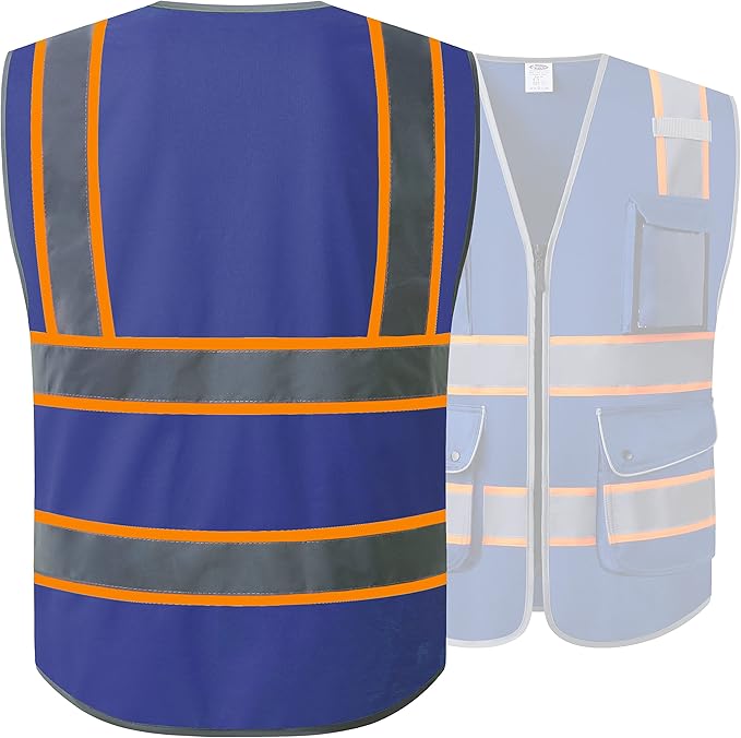JKSafety 9 Pockets High Visibility Zipper Front Safety Vest | Blue with Dual Tone High Reflective Strips | Meets ANSI/ISEA Standards (901-Blue, Large)