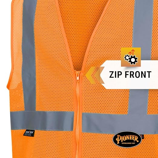 Pioneer Hi Vis Mesh Safety Vest - for Traffic & Public Workers - Cool & Lightweight - Class 2 - Reflective Tape - Orange