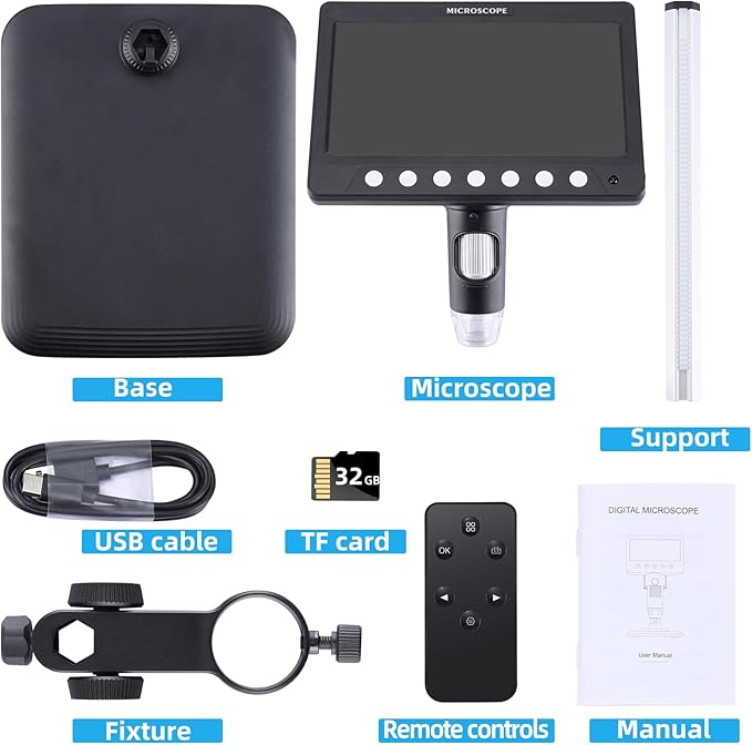 7 Inch 1080P Digital Microscope,1200X Magnification,8 LED Lights,32GB TF Card Included, Rechargeable Battery, Handheld USB Microscope Camera for PCB Repair,Soldering, Coin,Stamp,Jewelry Inspection