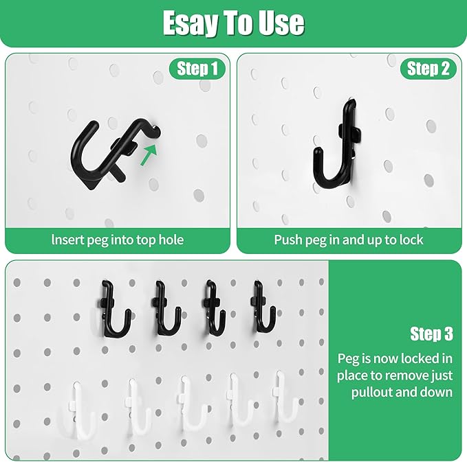 Pegboard Hooks 100-Packs, J Shape Peg Hooks,1/4 "Plastic Pegboard Hooks for Pegboard,Peg Hook Accessories for Garage, Office, Kitchen, Store