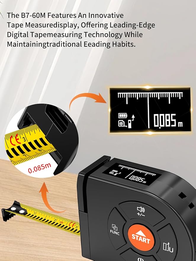 Laser Tape Measure 3-in-1, 196ft/60m Laser Distance Meter, 16ft/5m Digital Tape Measure, Regular Tape Measure, Area Volume Measuring Pythagorean Mode, Rechargeable