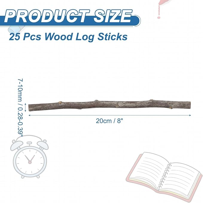 PATIKIL 25 Pcs 8inch Wood Log Sticks, 0.28-0.39inch in Diameter Natural - Image 2