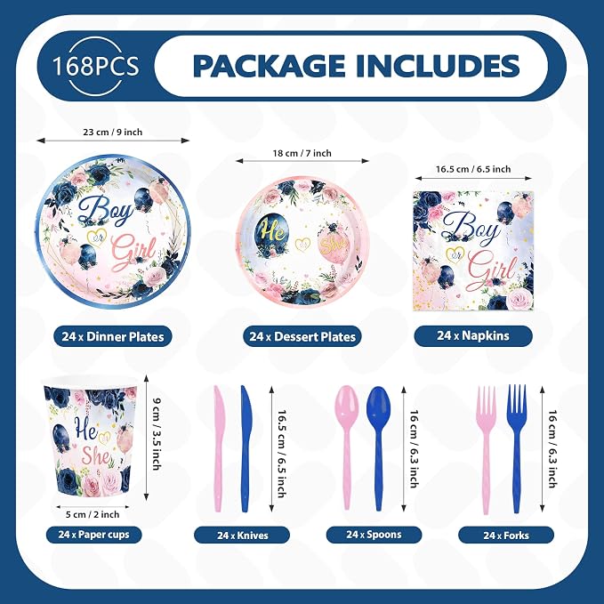 168Pcs Navy Blue and Pink Gender Reveal Party Decorations Serves 24 | Baby Boy - Image 2