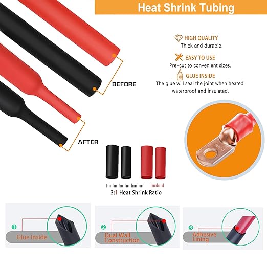8Pcs 4 AWG 3/8" Stud and 8Pcs 4 AWG 5/16" Stud Heavy Duty Tinned Copper Wire Lugs with 16Pcs Heat Shrink Tubing Ring Terminals 4 Gauge Battery Cable Ends Bare Copper Eyelets