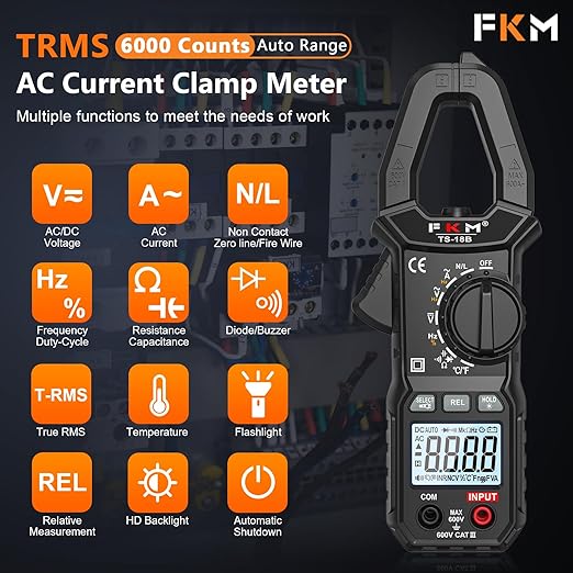 FKM Digital Clamp Meter Multimeter Tester TRMS 6000 Counts Auto-ranging Amp Voltage Tester,for AC Current,AC/DC Voltage,NCV Detection,Resistance,Capacitance,Continuity,Hz/Duty Cycle,Diode,Temp Test