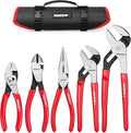 ARROW 5PCS Pliers Set, 6" Slip Joint, 7" Diagonal, 8" Needle Nose Pliers, 8"&10" Groove Joint with Non-slip Handle, Portable Rolling Bag With Handle, Premium Carbon Steel