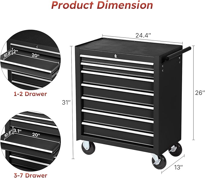 Rovibek 7-Drawer Rolling Tool Chest, Metal Rolling Tool Box with Lockable Drawers, Tool Box with Wheels for Garage, Warehouse, Workshop, Repair Shop, Large Capacity Tool Storage Cabinet (Black)