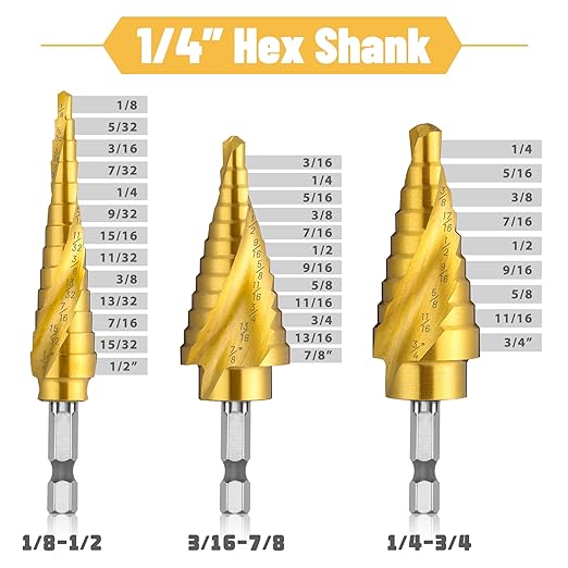 Step Drill Bits, 5PCS Spiral Grooved HSS Titanium Step Drill Bit Set, 50 Sizes High Speed Steel Step Bits for Metal with Aluminum Case