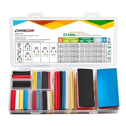 Chanzon 40 Sizes Extra Long Heat Shrink Tubing Assorted Kit UL Listed 2:1 Ratio (1mm-20mm diam) Multi Color Black White Red Blue Clear Yellow Sleeving Wrap Shrinking 2 to 1 Assortment 172 pcs