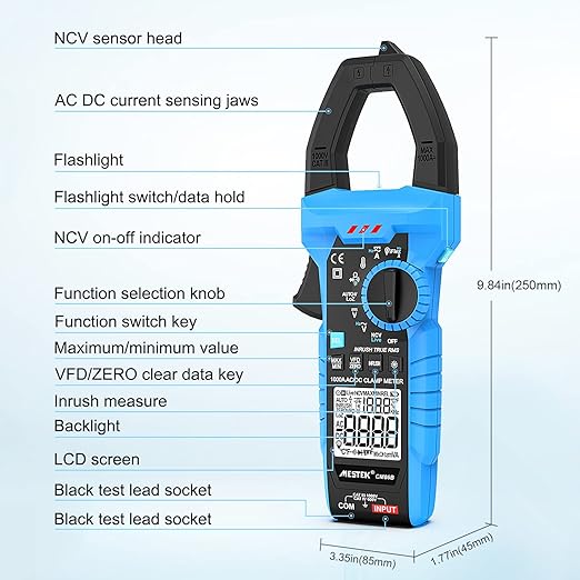 MESTEK Digital Inrush Clamp Meter Multimeter 1000A T-RMS 6000 Counts Voltage Tester Volt Amp Meter with VFD, LOZ Mode, Measuring AC DC Current Voltage Temperature Capacitance Resistance Continuity