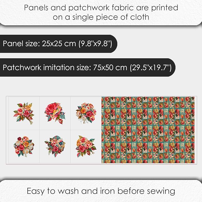 Vintage Rose Patchwork Cotton Fabric Panel – 6 Floral Designs + Bonus Patchwork - Image 4