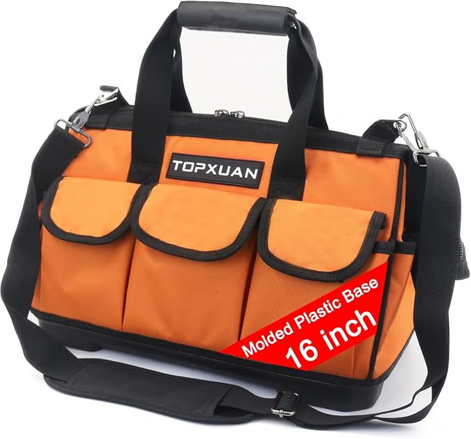 Tool Bag 16 Inch Molded Plastic Base Heavy Duty Waterproof Orange Tool Organizer Wide Mouth With Shoulder Strap for Power Tools and Hand Tools Oxford Cloth Fabric (16 Pockets)