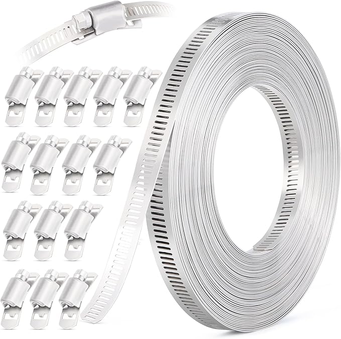 30FT Hose Clamps,304 Stainless Steel Hose Clamp Assortment Kit DIY Metal Strapping with Holes+15 Fasteners,Adjustable Worm Gear Large Hose Clamps Metal Band Screw Clamp Straps for Pipe,Duct,Tube