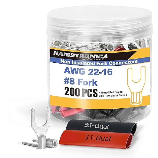 haisstronica Non Insulated Wire Connectors Kit，100pcs #8 Fork Terminals (AWG 22-16) with 100pcs 3:1 Heat Shrink Tubing for Automotive Marine，Brazed Seam Wire Crimp terminals