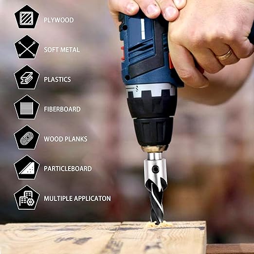 Countersink Drill Bits Set, 7-Pack High Carbon Steel Countersink Drill Bits for Wood, Woodworking Carpentry Reamer with 1 Free Hex Key Wrench