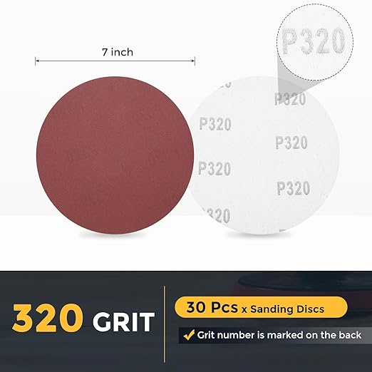 HARFINGTON 30 Pcs 7 Inch Sanding Disc 320 Grit Hook and Loop Sandpaper Random Orbital Sander Pads for Woodworking Automotive Metal Polishing