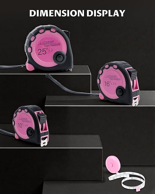 Lichamp Pink Tape Measure 4 Pack, with Soft Tape Measures, 10ft x 5/8in, 16ft x 3/4in, 25ft x 1in, 04MXPK
