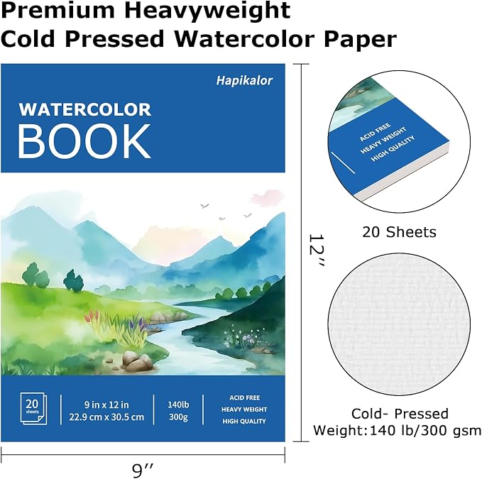 Hapikalor 9"x12" Watercolor Paper Pad, 140lb/300gsm Artist Painting Drawing - Image 2