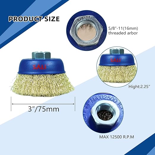 SALI 12 Pack Wire Cup Brush, 3 Inch Coarse Crimped Cup Brush for Grinders, with 5/8 Inch Arbor for Heavy Cleaning Rust, Stripping and Abrasive, for Angle Grinder