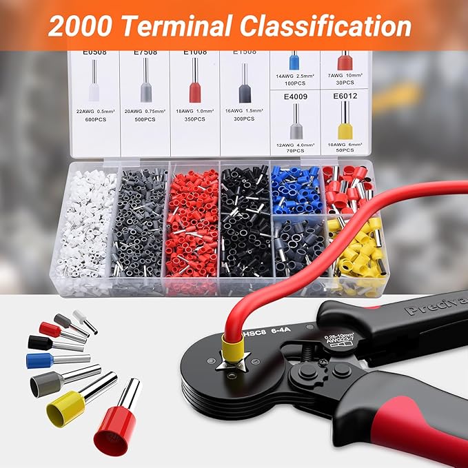 Preciva Ferrule Crimping Tool Kit with 2000PCS Wire Connectors, AWG23-7 Self-adjustable Ratchet Wire Crimping Tool Kit Crimper Plier Set (Red)