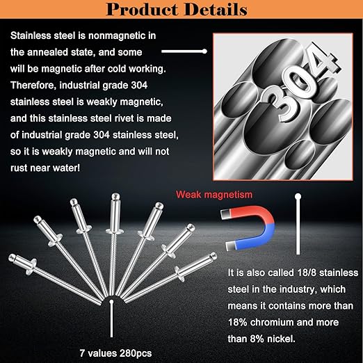 70pcs 3/16 x 3/8 inch 304 Stainless Steel Pop Rivets, 4.8 x 10mm Blind Rivets for DIY/Automotive Repairs/Furniture