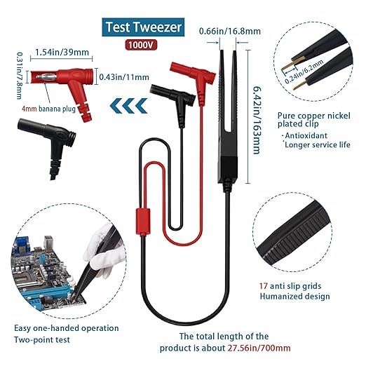 15 Pcs Multimeter Test Leads Kit with Alligator Clips,Test Hook,Test Probe,Tweezer CAT III for Professional Electrical Testing for Fluke/AstroAI/INNOVA Multimeter,Clamp Meter