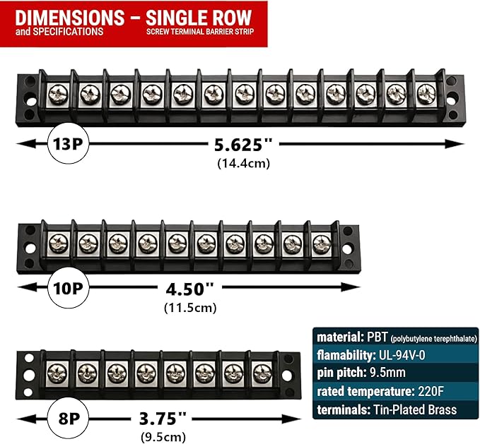 MGI SpeedWare Single Row Screw Terminal Junction Block 300V/20A, Through-Panel Barrier Strip 2-Pack (8 Screw)