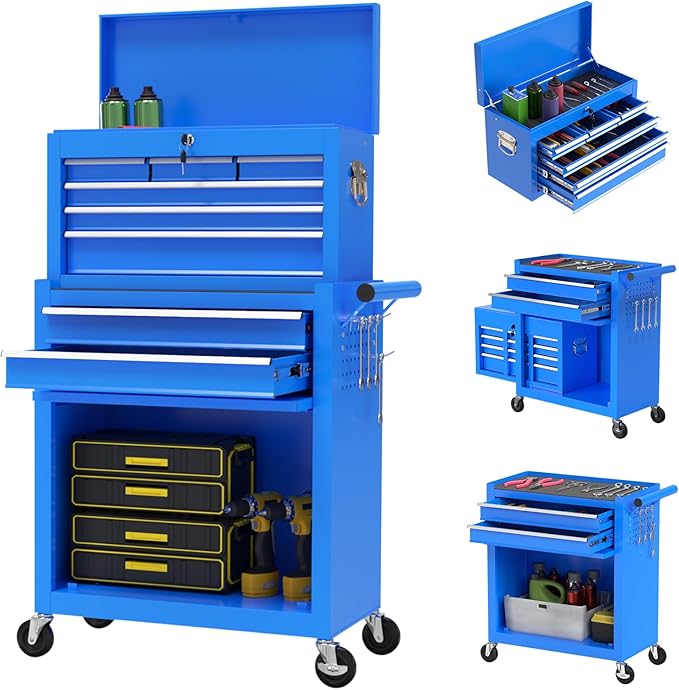8-Drawer Rolling Tool Chest with Wheels, 2-in-1 Detachable Tool Box with Drawers and Large Cabinet, Rolling Tool Chest Storage Cabinet with Lockable for Warehouse, Garage, Workshop (Blue)