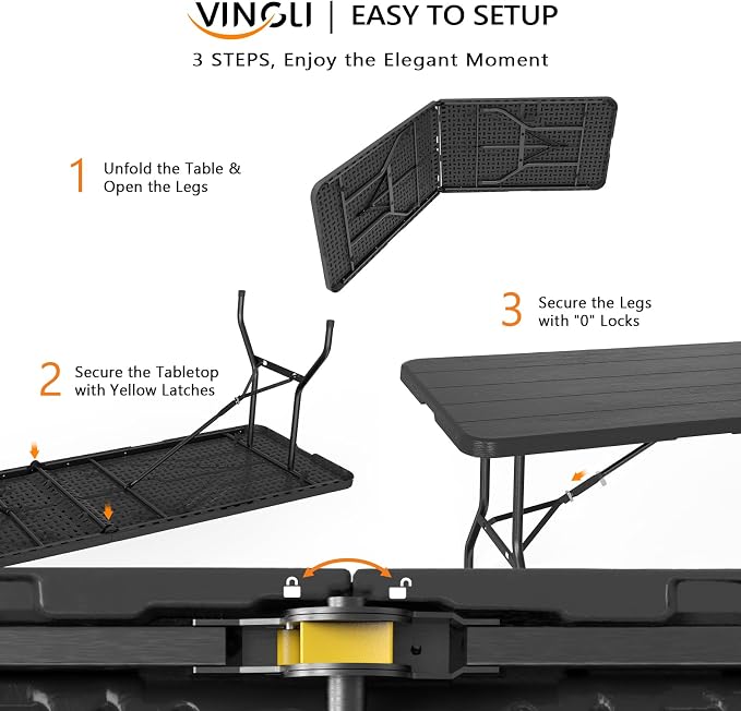 VINGLI 8 Foot Plastic Folding Table Portable Long Table - Image 3