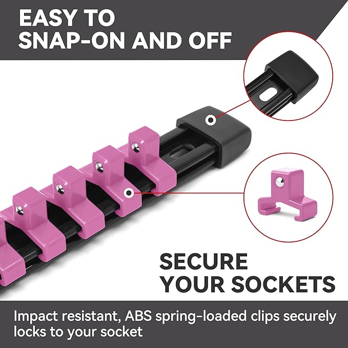 ALOANES 9pc ABS Socket Organizer Set, 1/2, 3/8 & 1/4 inch Drive Rail Holders, Heavy Duty Racks with Black Rails & Pink Clips
