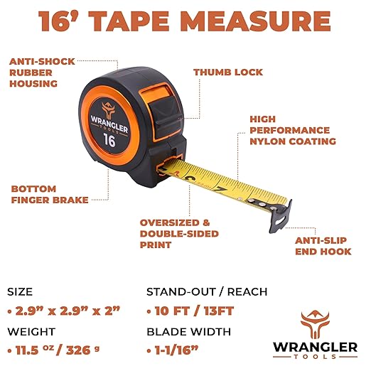 Tape Measure 16 FT - Measuring Tape Retractable - Oversized & Double-Sided Print - Blade Lock, Finger Brake - High Performance Nylon Coating, 10' Stand-Out - 13' Reach / 1-1/16" Blade