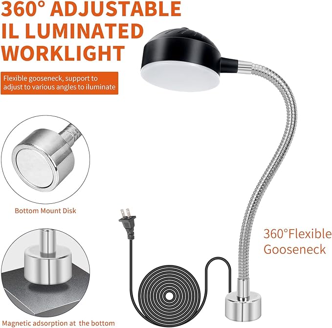 Magnetic Work Light, LED Machine Lights, Lathe Light, Flexible Gooseneck Lights with Magnetic Base, for Sewing Machine, Lathe, Grill, Work Bench, Industrial Lighting, 1200Lumens, Silver