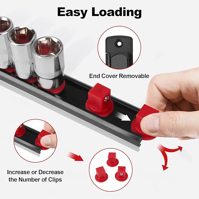 Fivepears Magnetic Socket Rails Storage Organizer, Heavy Duty Aluminum ABS Socket Holders, 360 Swivel Clips for Tool Box, 3/8 x 14, 1/2 x 12, 1/4 x 14 Clips (Red)