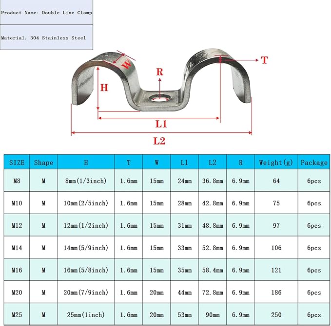 6pcs 10mm(2/5 inch) Double Line Clamp Heavy Duty 1 Hole Conduit Strap 304 Stainless Steel M-Type Pipe Strap For Wire Pipe Cord Installation
