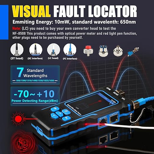 NOYAFA NF-8508 Network Cable Tester with Optical Power Meter VFL, RJ11 RJ45/PoE Tester/CAT5 CAT6/length Measurement, Telephone line Trace Meter with Headset, Network Tools