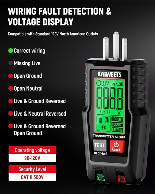 KAIWEETS Circuit Breaker Finder with LCD Display, GFCI Outlet Tester, Electrical Circuit Tracer Tool with NCV Test & Flashlight, Includes Carrying Case - KT301