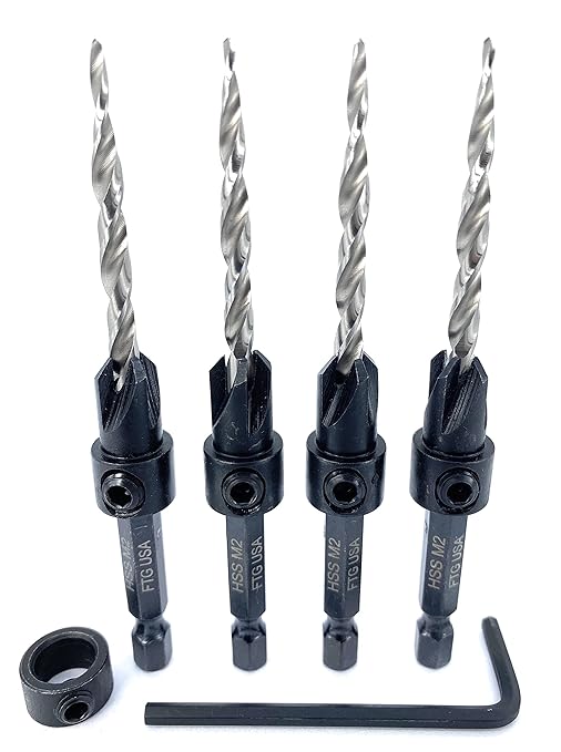 FTG USA Countersink Drill Bit Set 4 Pc #8 (11/64") Wood Bit, Tapered Bit, Stop Collar, Hex Wrench for Woodworking