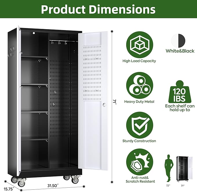 Garage Storage Cabinet with Wheels and Pegboard, Metal Broom Closet Storage Cabinet with Hanging Rod and Hooks for Garage, Bathroom, Home