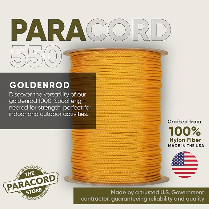 The Paracord Store | Type III 550 Paracord - 250 FT Spool, Goldenrod | Heavy Duty 7 Strand Tactical Paracord - USA Made Nylon Outdoor Parachute Cord for Camping, Fishing & More - Survival Cord