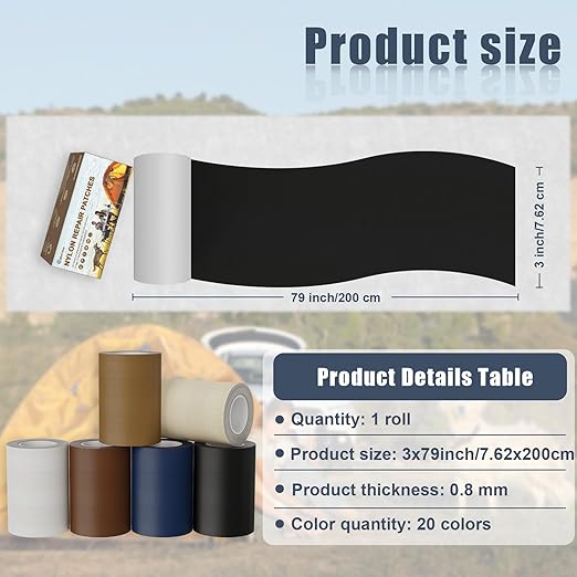 3x79 Nylon Repair Patch Nylon Repair Tape Self Adhesive Fabric Tapes Outdoor Camping Gear Fabric kit for Tent, Umbrella, Down Jackets, Sleeping Bag, Knapsack（Dark Beige）
