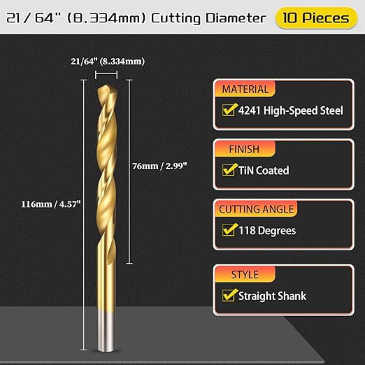Drill Bit, 21/64" Cutting Diameter (8.334mm), 4241 HSS TiN Coated 118° Cutting Angle Versatile Jobber Bits - (Applications: for Drilling Plastic Wood Soft Thin Metal), 10-Pieces