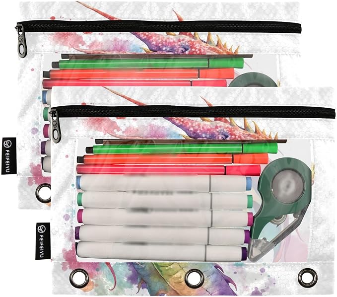 Watercolor Dragon Pencil Pouch for 3 Ring Binder, 2 Pack Waterproof Pencil Bags - Image 2
