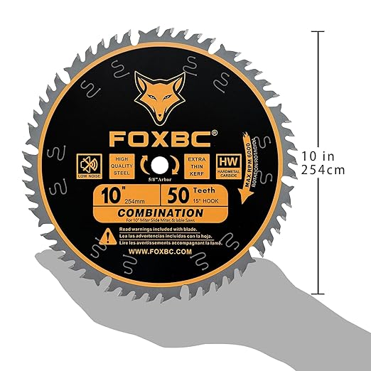 FOXBC 10 Inch Combination Saw Blade, 50-Tooth, Wood Cutting, 5/8-Inch Arbor