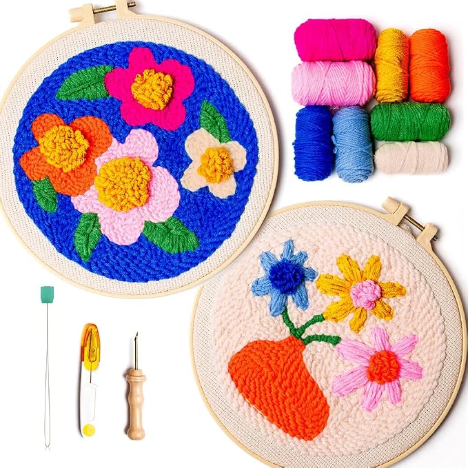 SPINNY Punch Needle Kit, Two Large Floral Designs w/ 2 Embroidery Hoops by SPINNY