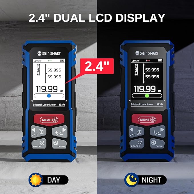 SainSmart Dual Laser Measuring Tool, 393Ft/120M Red Bilateral Distance Meter with Backlit LCD, Rechargeable, Multi-Unit (Ft/in/M), Electronic Level, Length/Area/Volume/Angle Sensor/PC Data Transfer