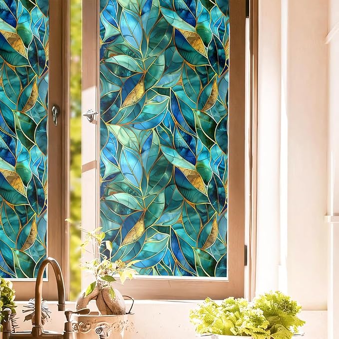 REDAMANCY Golden Blue Green Leaf Modern Stained Glass Window Films Decorative by Unknown