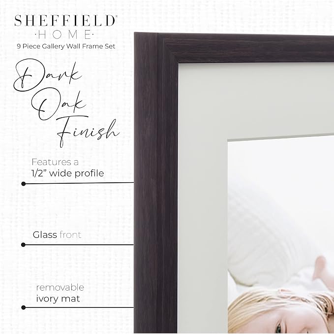 Sheffield Home 9 Piece Gallery Wall Frame Set, 12x12 Inch, Dark Oak - Image 4