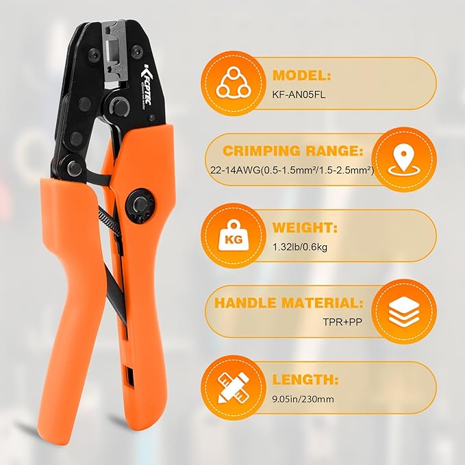 KF CPTEC Crimping Tool for 90° Flag Terminals, 22/14 AWG (0.5mm²/2.5mm²) - Ratchet Terminal Crimper - Electrical Crimping Tool