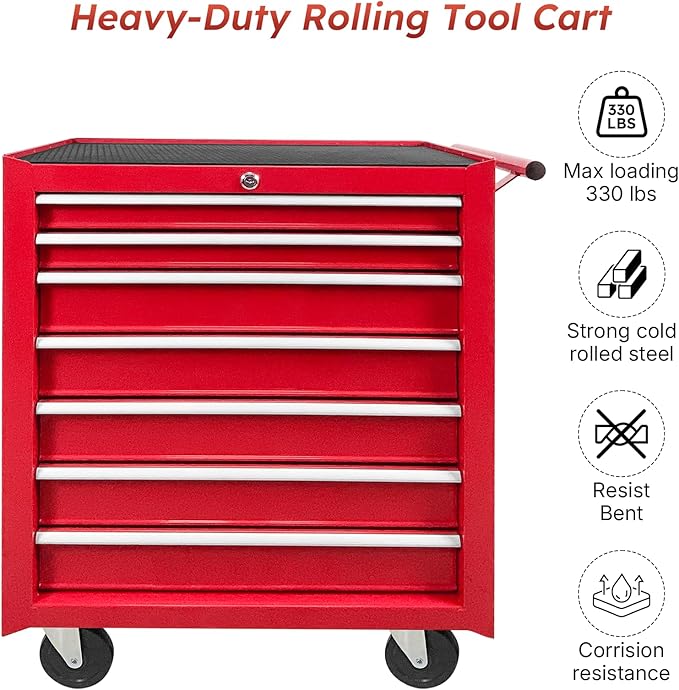 Rovibek 7-Drawer Rolling Tool Chest with Wheels, Lockable Metal Tool Box for Garage Workshop Warehouse, Large Capacity Tool Storage Cabinet, Heavy-Duty Tool Chest with Drawers, Red