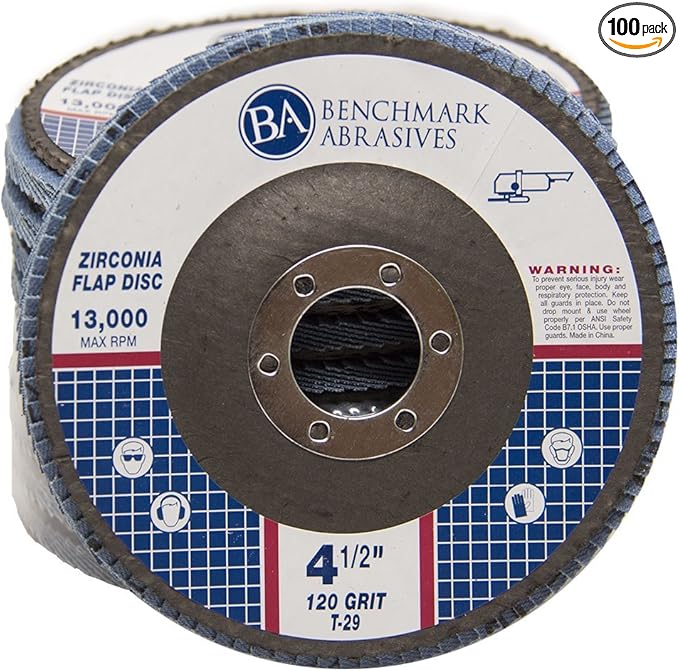 Benchmark Abrasives 4.5" x 7/8" Premium Zirconia T29 Angled Flap Discs 4 1/2 for Angle Grinder, Sanding Discs, Finishing, Rust, Stock Removal- Grinding Wheels 4 1/2 Inch (100 Pack) - 120 Grit